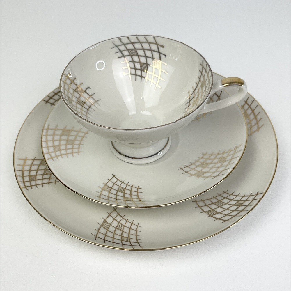 Gold Encrusted Tea Cup Saucer and Lunch Plate Fine China Unmarked Hand Painted